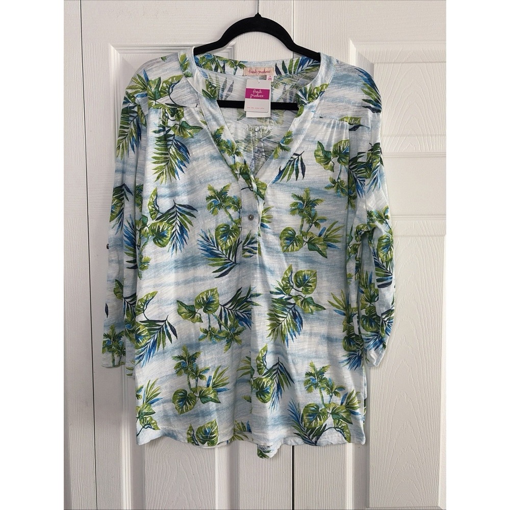 Fresh Produce Tropical Palm Henley Top Womens XL Blue Green Slub Cotton USA Made